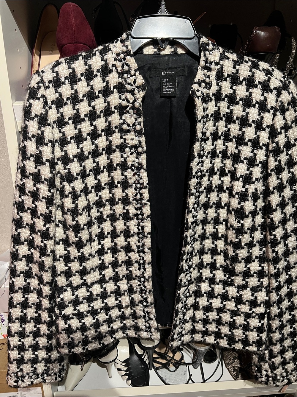 ECI Black and White Houndstooth Pearl-Trim Tweed Blazer